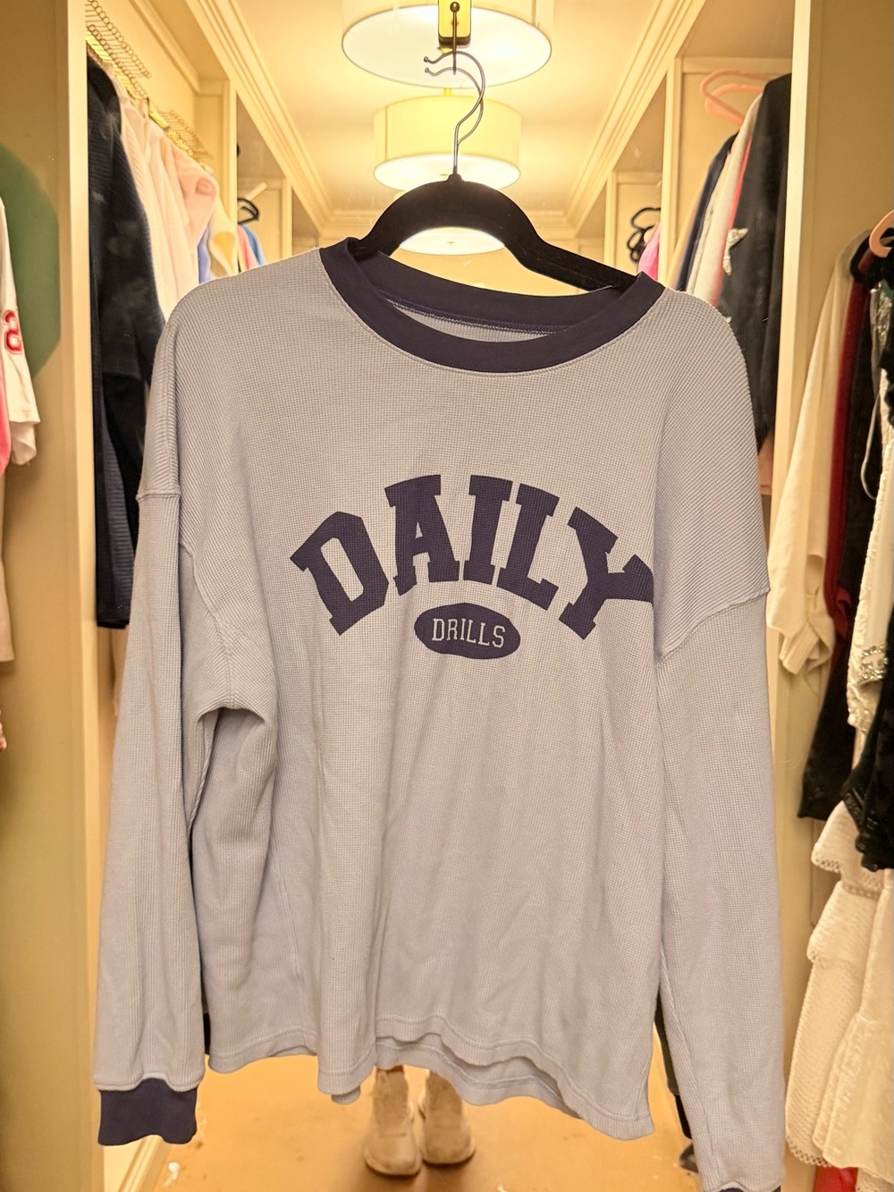 Daily Drills Light Blue Long Sleeve Tee with Navy Logo and matching shorts sz sm